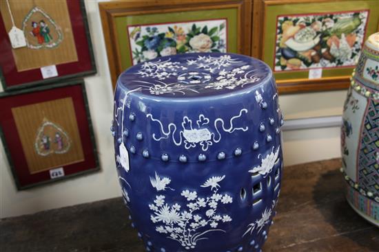 A Chinese blue ground white slip decorated barrel shaped garden seat, late 19th century, 46.5cm